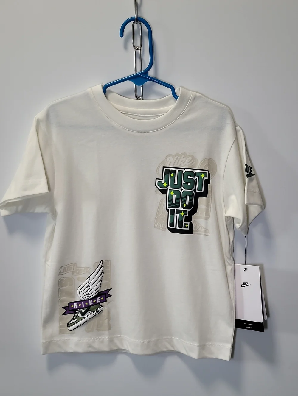 Nike White Tee with Green & Purple Graphic 'Just Do It'